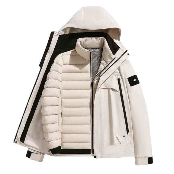 LMOIPLI Mens Quilted Puffer Jacket With Detachable Liner Zipper Hooded Jacket Warm Winter Coat Windproof Thickened Outwear White XXXXL
