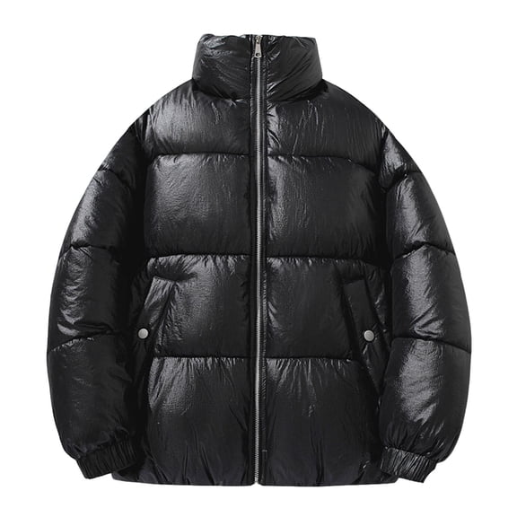 LMOIPLI Mens Quilted Thicken Zipper Jackets Stand Collar Casual Long Sleeve Solid Color Coats Winter Warm Trendy Loose Coat with Pocket Black XXL