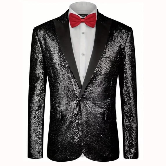 LMOIPLI Mens Sequin Suit Jacket Shiny Blazer One Button Sparkly Glitter Formal Tuxedo for Wedding Party Prom Dinner Black XL