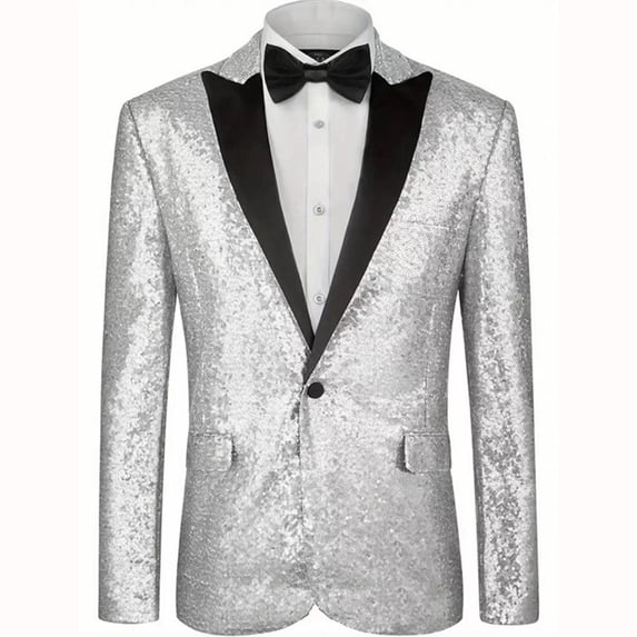 LMOIPLI Mens Sequin Suit Jacket Shiny Blazer One Button Sparkly Glitter Formal Tuxedo for Wedding Party Prom Dinner Silver L