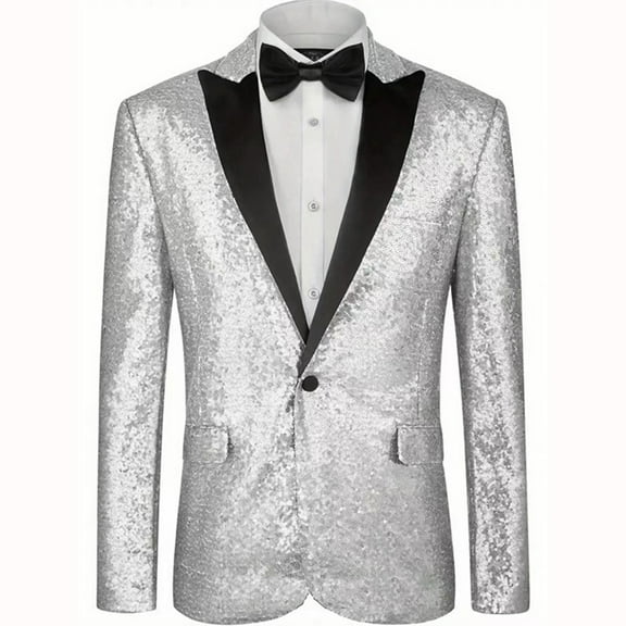 LMOIPLI Mens Sequin Suit Jacket Shiny Blazer One Button Sparkly Glitter Formal Tuxedo for Wedding Party Prom Dinner Silver M