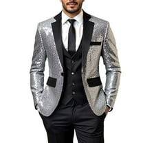 LMOIPLI Mens Sequin Suit Jacket Shiny Blazer One Button Sparkly Glitter Formal Tuxedo for Wedding Party Prom Dinner Silver XL