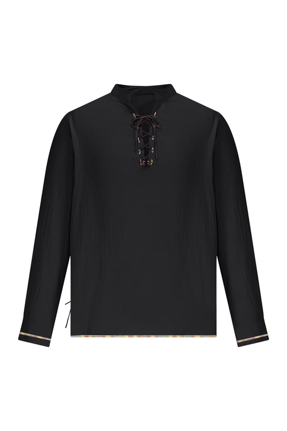 Mens Shirts Cotton Lace-Up Renaissance Shirt Viking Medieval Long Sleeve Pirate Costume Retro Style Tunic Top Black S
