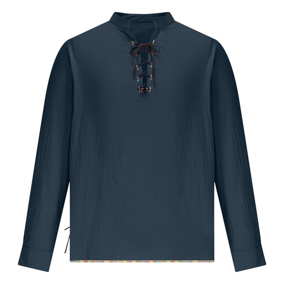 LMOIPLI Mens Shirts Cotton Lace-Up Renaissance Shirt Viking Medieval Long Sleeve Pirate Costume Retro Style Tunic Top Navy S