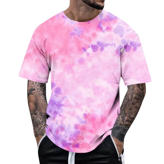 LMOIPLI Mens Short Sleeve Tie-Dye Graphic T-Shirt Vibrant Color Casual Summer Streetwear Comfortable Daily Loose Fit Top Pink XL