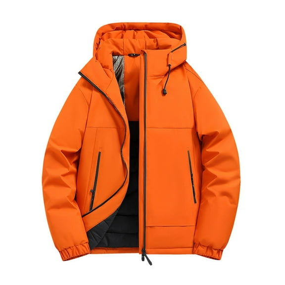 LMOIPLI Mens Softshell Hooded Thicken Jacket Waterproof Windproof Insulated Winter Warm Zip Coat Winter Casual Fashion Outerwear with Pockets Orange S