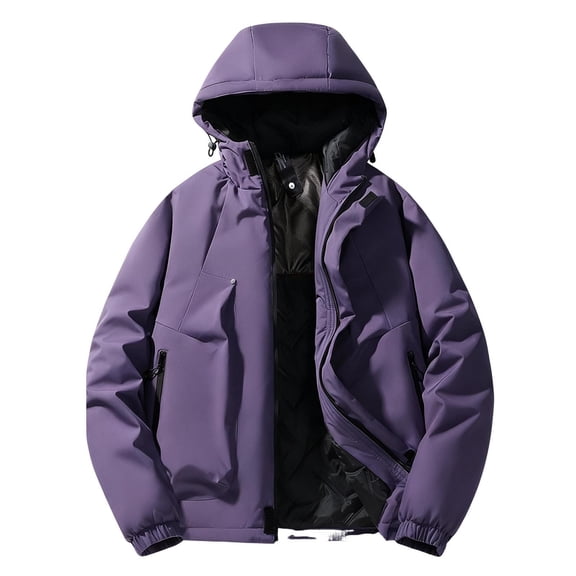 LMOIPLI Mens Softshell Hooded Thicken Jacket Waterproof Windproof Insulated Winter Warm Zip Coat Winter Casual Fashion Outerwear with Pockets Purple M