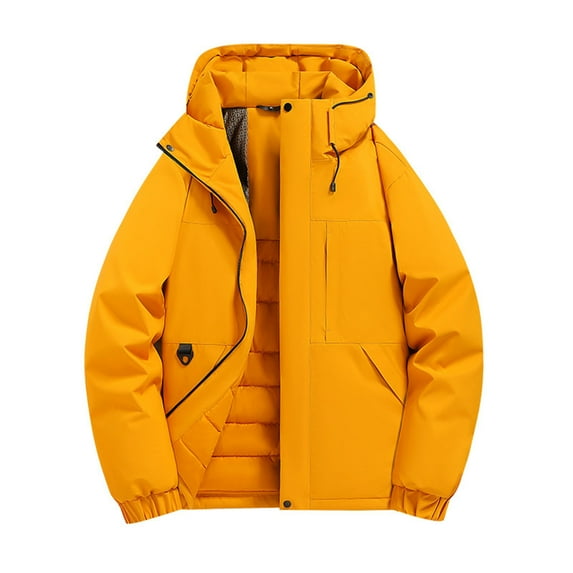 LMOIPLI Mens Softshell Hooded Thicken Jacket Waterproof Windproof Insulated Winter Warm Zip Coat Winter Casual Fashion Outerwear with Pockets Yellow XXXXL