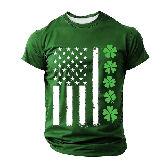 LMOIPLI Mens St.Patrick's Day Themed Graphic T Shirt Short Sleeve Casual Crew Neck Top with Distressed American Flag & Clover Print Green XL