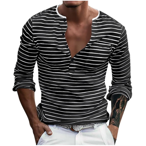 LMOIPLI Mens Striped T-Shirt Henley Classic Fit Shirts Long Sleeves Basic Sweatshirt Fashion Casual Versatile Base Tops Black S