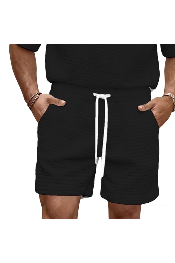 Mens Sweat Shorts Casual Stretch Elastic Waist Waffle Workout Gym Short Running Solid Shorts with Pocket Black S