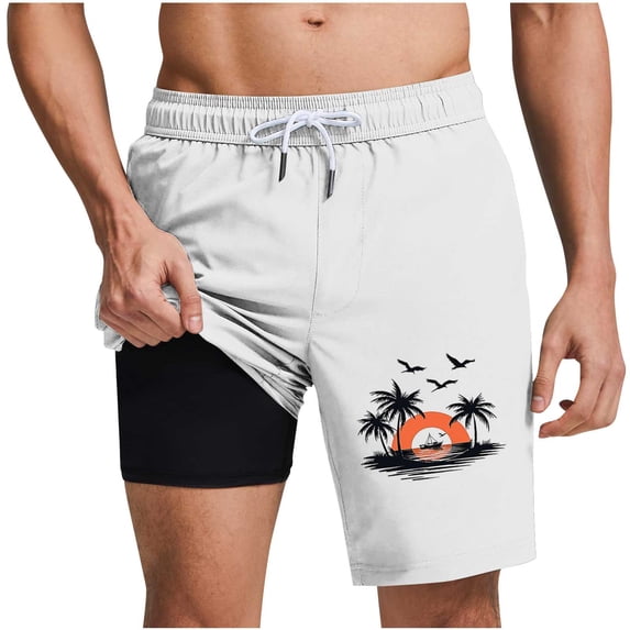 LMOIPLI Mens Swim Trunks 2 in 1 Swim Shorts Stretch Bathing Suit with Compression Liner Beach Board Print Shorts Short Swimsuit White M