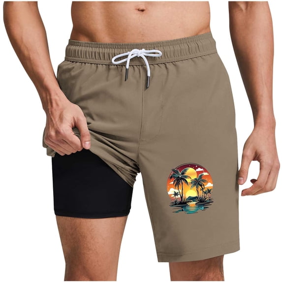 LMOIPLI Mens Swim Trunks 2 in 1 Swim Shorts Stretch Bathing Suit with Compression Liner Beach Board Print Shorts Short Swimsuits Coffee XXL