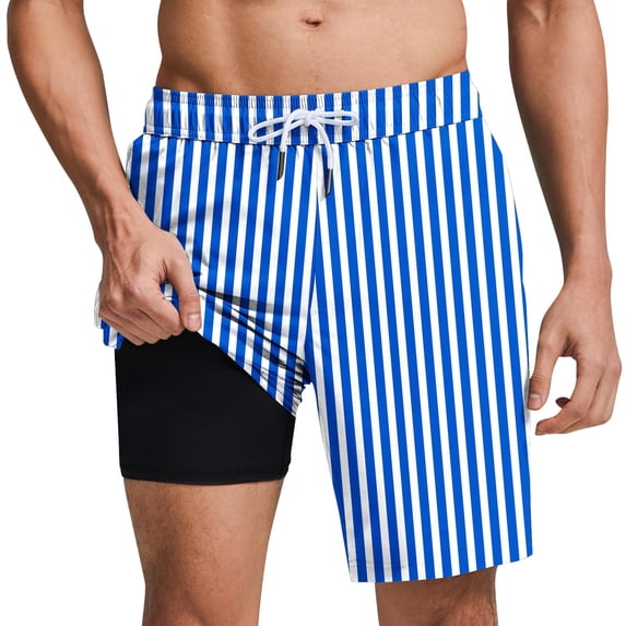 LMOIPLI Mens Swim Trunks Plus Size 2 in 1 Compression Liner Striped Swimwears High Elastic Waist Vacation Drawstring Bathing Suit Light Blue XL