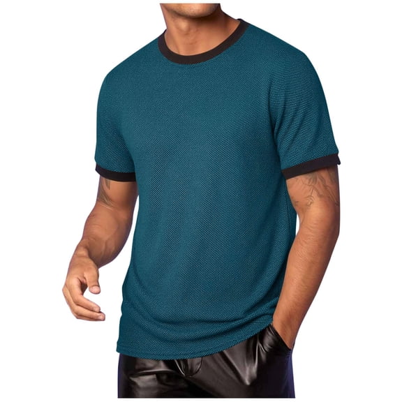 LMOIPLI Mens Textured Crew Neck Short Sleeve T Shirt with Contrast Trim Casual Breathable Ringer Tee for Streetwear and Daily Wear Blue M