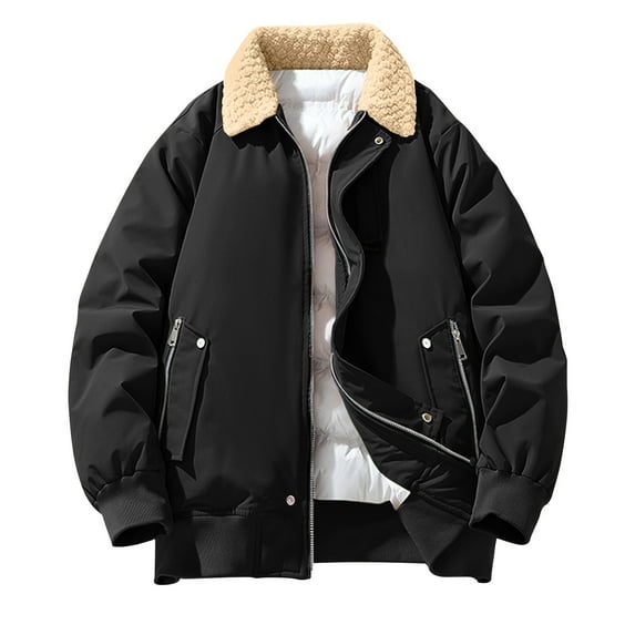 LMOIPLI Mens Thick Vintage Jacket Windproof Turndown Collar Winter Warm Zip Coat Casual Fashion Outdoor Outerwear with Pockets Black XXXXL