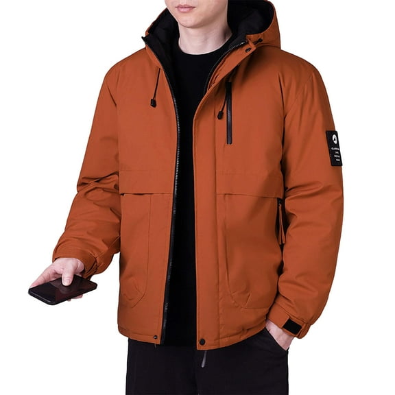 LMOIPLI Mens Thickened Hooded Padded Jacket Windproof Casual Solid Color Down Coat Winter Insulated Outdoor Hiking Zipper Jackets Red XXL
