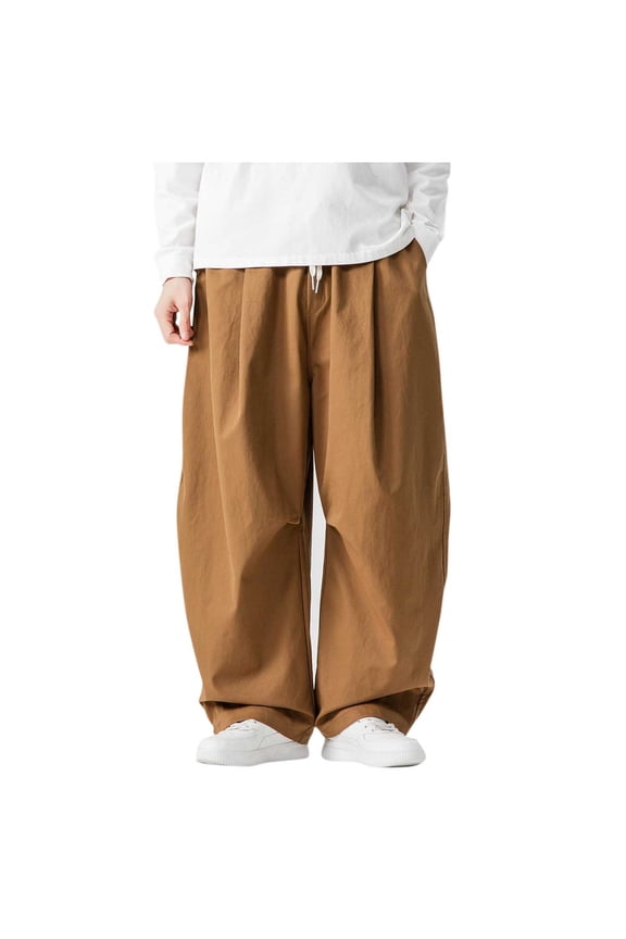 Mens Ultra Loose Hip Hop Street Fashion Pants Elastic Waistband Drawstring Wide Leg Cargo Pant Baggy Harem Pant Khaki L