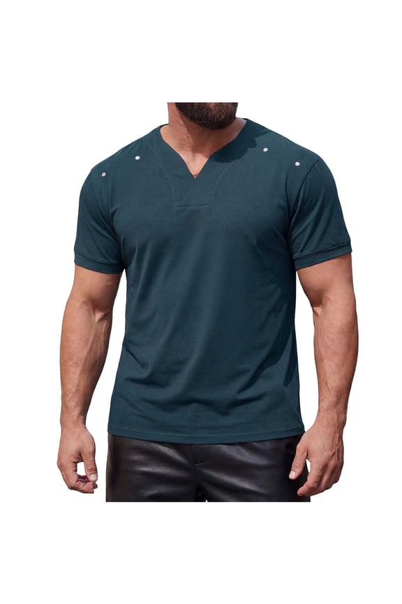 Mens V Neck Short Sleeve T Shirt with Rivet Detail Casual Henley Style Tee Soft Breathable Cotton Blend Comfort Fit Daily Wear Green S