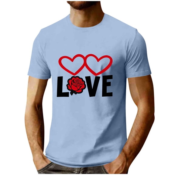 LMOIPLI Mens Valentine's Day Cotton Shirt Crew Neck Casual Short Sleeve Love Heart Print T-Shirt Soft Comfy Festive Trendy Fall Tops Light Blue XL