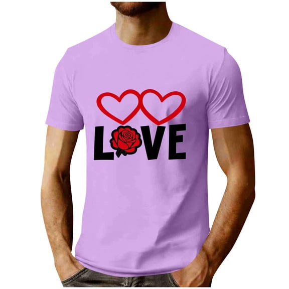 LMOIPLI Mens Valentine's Day Cotton Shirt Crew Neck Casual Short Sleeve Love Heart Print T-Shirt Soft Comfy Festive Trendy Fall Tops Purple XXL