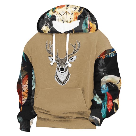LMOIPLI Mens Western Aztec Hooded Sweatshirts Casual Vintage Style Graphic Deer Head Printing Pullover Warm Long Sleeve Sweatshirts Khaki M