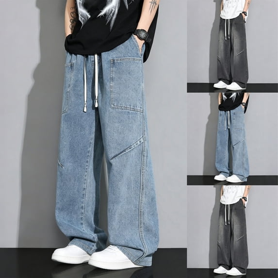 LMOIPLI Mens Wide Leg Cargo Jeans Washed Denim Fabric Elastic Drawstring Waist Multi Pocket Streetwear Trousers Black XXXL