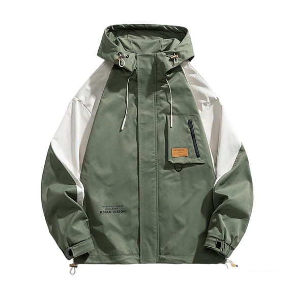 LMOIPLI Mens Windproof Hooded Zipper Jackets Color Block Lightweight Casual Coats for Outdoor Hiking Plus Size Coat Green XXXXL