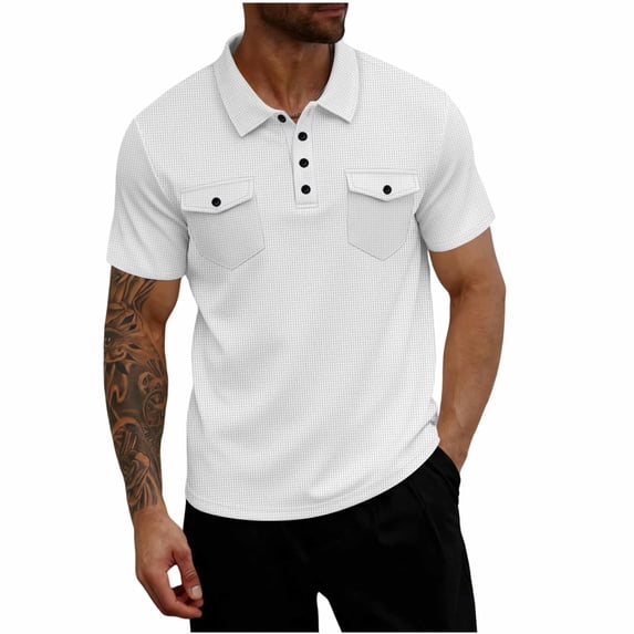 LMOIPLI Mens Work Shirts 2026 Short Sleeve Casual Slim Fit Button Up Waffle Golf Shirts with Pockets Tennis T Shirts White L