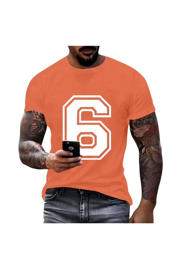 Number 6 T-Shirt Unisex Short Sleeve Varsity Shirt Sports Team Jersey Crew Neck Fashionable Pullover Top Orange XL