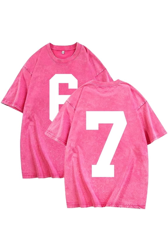 Six Seven 67 T-Shirt Funny 6 7 Meme Merch Shirt Vintage Casual Streetwear Baggy Washed Unisex Short Sleeve Graphic Tees Pink S