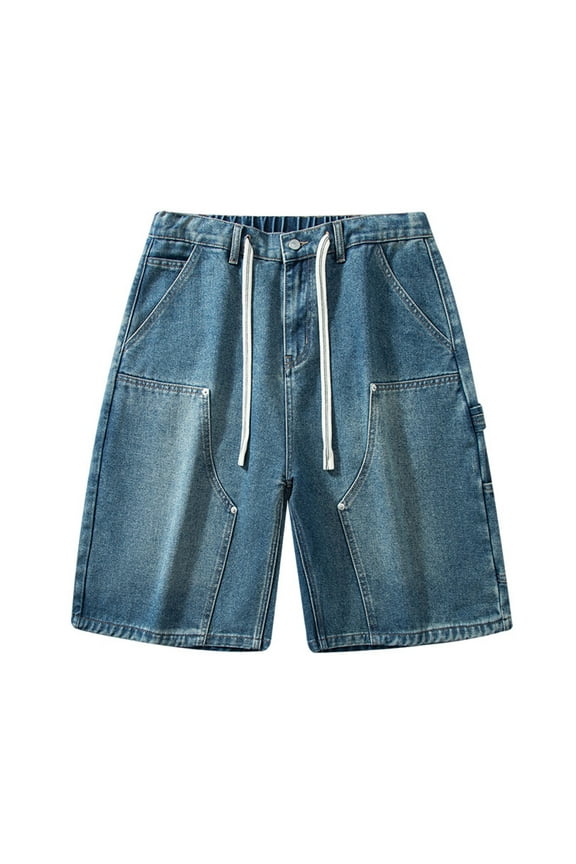 Studded Shorts for Men Jeans Sweats Drawstring Loose Fit Rivet Denim Shorts Streetwear Wide Leg Washed Jorts Hip Hop with Pockets Dark Blue S