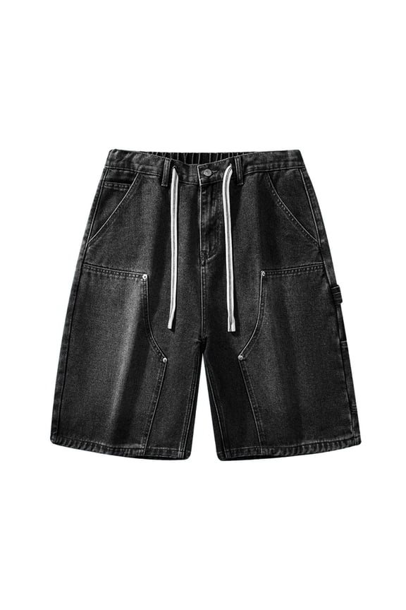 Studded Shorts for Men Jeans Sweats Drawstring Loose Fit Rivet Denim Shorts Streetwear Wide Leg Washed Jorts Hip Hop with Pockets Gray M