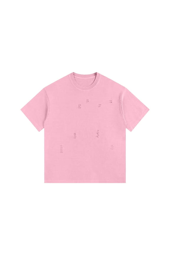 Trendy Ripped Tshirts Plain Cotton Short Sleeve Shirts for Mens Summer Tops Vintage Destruction Plus Size Tees Pink XL