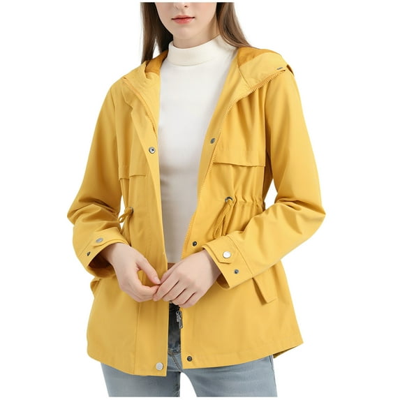LMOIPLI Waterproof Windbreaker Womens 2025 Warm Coat Fall Winter Drawstring Pure Color Lightweight with Hooded Hooded Yellow XXL