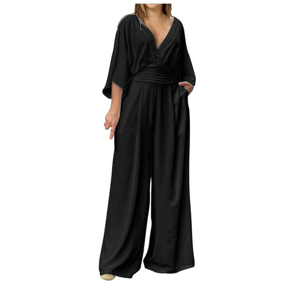 LMOIPLI Women's Adjustable Strap Romper Baggy Wide Leg Outfits Fashion Summer Clothes Lightweight Long Pants Solid Color Overalls Long Bib Pants Vintage Adjustable Strap Romper Black L