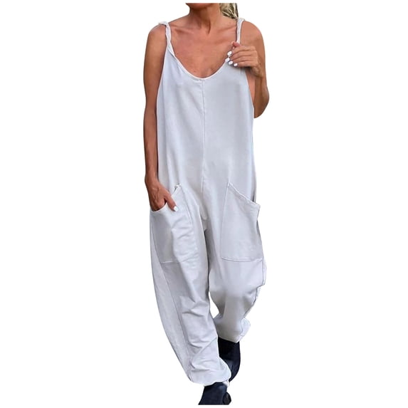 LMOIPLI Women's Adjustable Strap Romper Baggy Wide Leg Outfits Vintage Adjustable Strap Romper Fashion Summer Clothes Overalls Long Bib Pants Plain Color Lightweight Long Pants White XXL