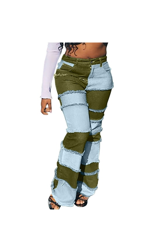 Women's Bleached Lightweight Long Pants Vintage Bootcut Denim Pant Fashion Summer Clothes Color Block Patchwork Ripped Stitching Jean Pants Bootcut Denim Pant Mid Wasit Green XXL