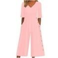 thumbnail image 1 of LMOIPLI Women's Button Onesie Wide Leg Pants 2024 Trendy Rompers with Pockets Short Sleeve Jumpsuits V Neck for Women Pink,M, 1 of 1