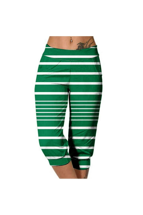 Women's Capri Pants Summer Casual Print Pants with Pockets Casual Beach Capris Sweat Loose Comfy Trousers with Pockets Elastic High Waist Linen Breathable Trousers for Women Green,L