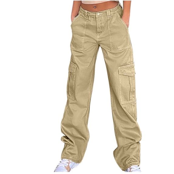 LMOIPLI Women's Denim Pants Elastic High Waist Fashion Summer Clothes Slim Lightweight Long Pants Sports Jogger Vintage Denim Pants Solid Color Khaki S