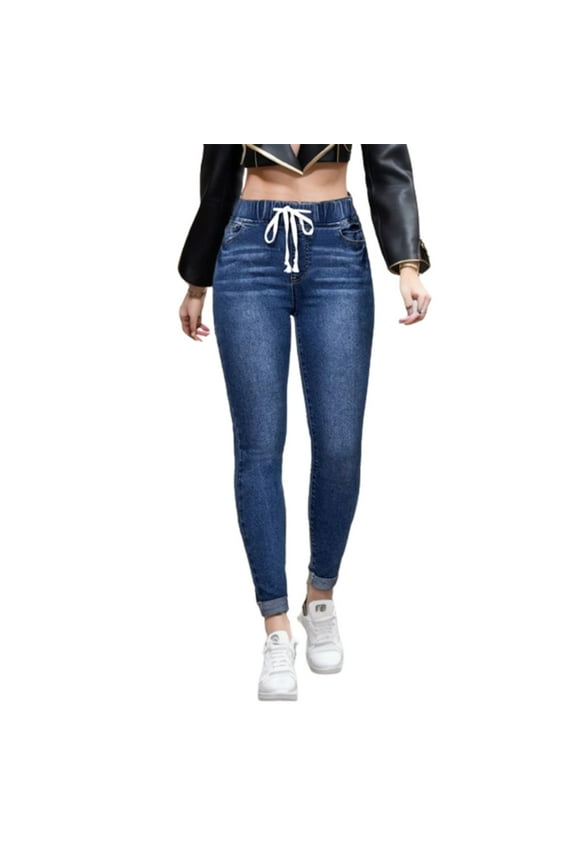 Women's Denim Pants Elastic High Waist Slim Plain Color Fashion Summer Clothes Sports Jogger Vintage Denim Pants Lightweight Long Pants Dark Blue L