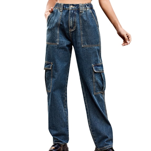 LMOIPLI Women's Denim Pants Slim Lightweight Long Pants Elastic High Waist Vintage Denim Pants Plain Color Sports Jogger Fashion Summer Clothes Blue XL