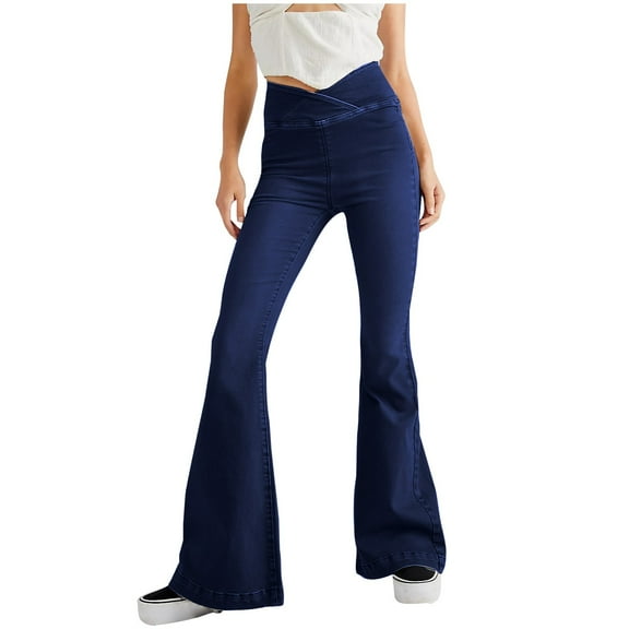 LMOIPLI Women's Fashion Summer Clothes Elastic High Waist Slim Denim Pants Vintage Denim Pants Solid Color Bootcut Lightweight Long Pants Dark Blue XS