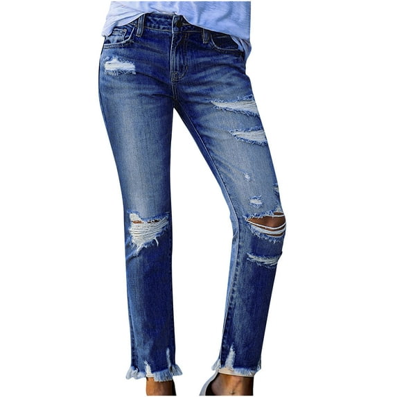 LMOIPLI Women's Fashion Summer Clothes Elastic High Waist Slim Lightweight Long Pants Denim Pants Sports Jogger Solid Color Vintage Denim Pants Dark Blue S