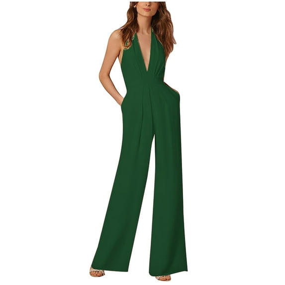 LMOIPLI Women's Fashion Summer Clothes Wide Leg Outfits Vintage Adjustable Strap Romper Overalls Long Bib Pants Solid Color Baggy Adjustable Strap Romper Lightweight Long Pants Green XL