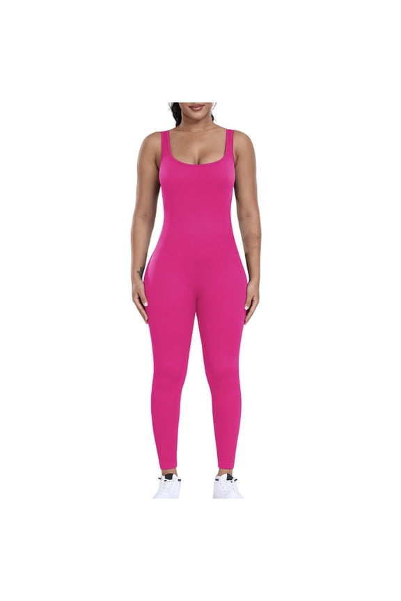 Women's Flare Workout Romper Yoga Casual Overalls Athletic Jumpsuits Sexy Scrunch Butt for Women Hot Pink,L
