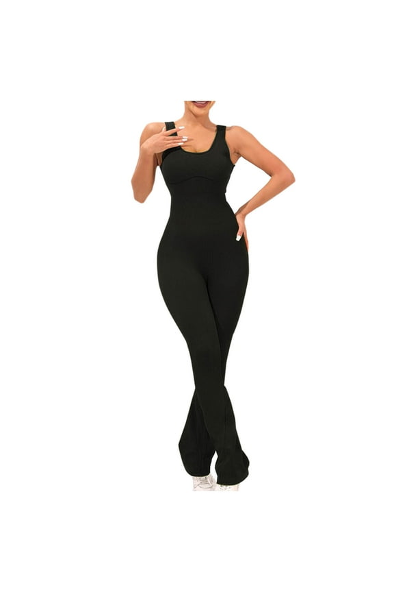 Women's Flare Workout Romper Yoga Sexy Scrunch Butt Overalls Athletic Jumpsuits Casual for Women Black,M