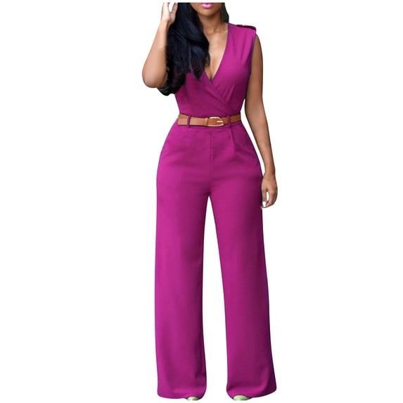 LMOIPLI Women's Jumpsuits Wide Leg Dressy V Neck Sleeveless Long Pants Rompers 2024 for Women Hot Pink,XL