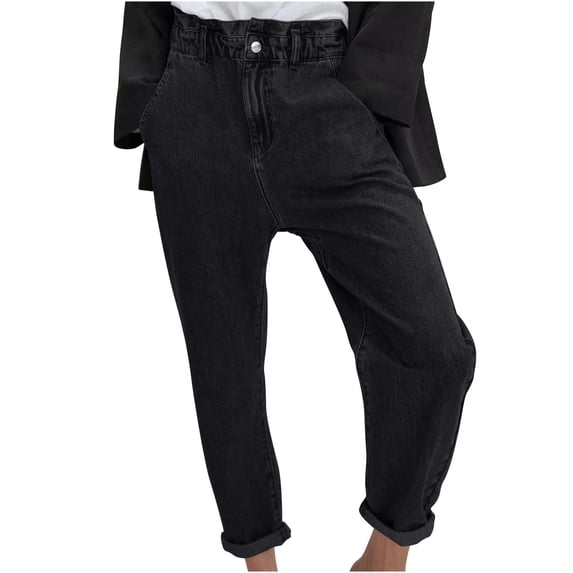 LMOIPLI Women's Lightweight High Waisted Stretchy Jeans Tummy Control Trendy Jeans Loose Straight Leg Casual Denim Pants for Women Black,L